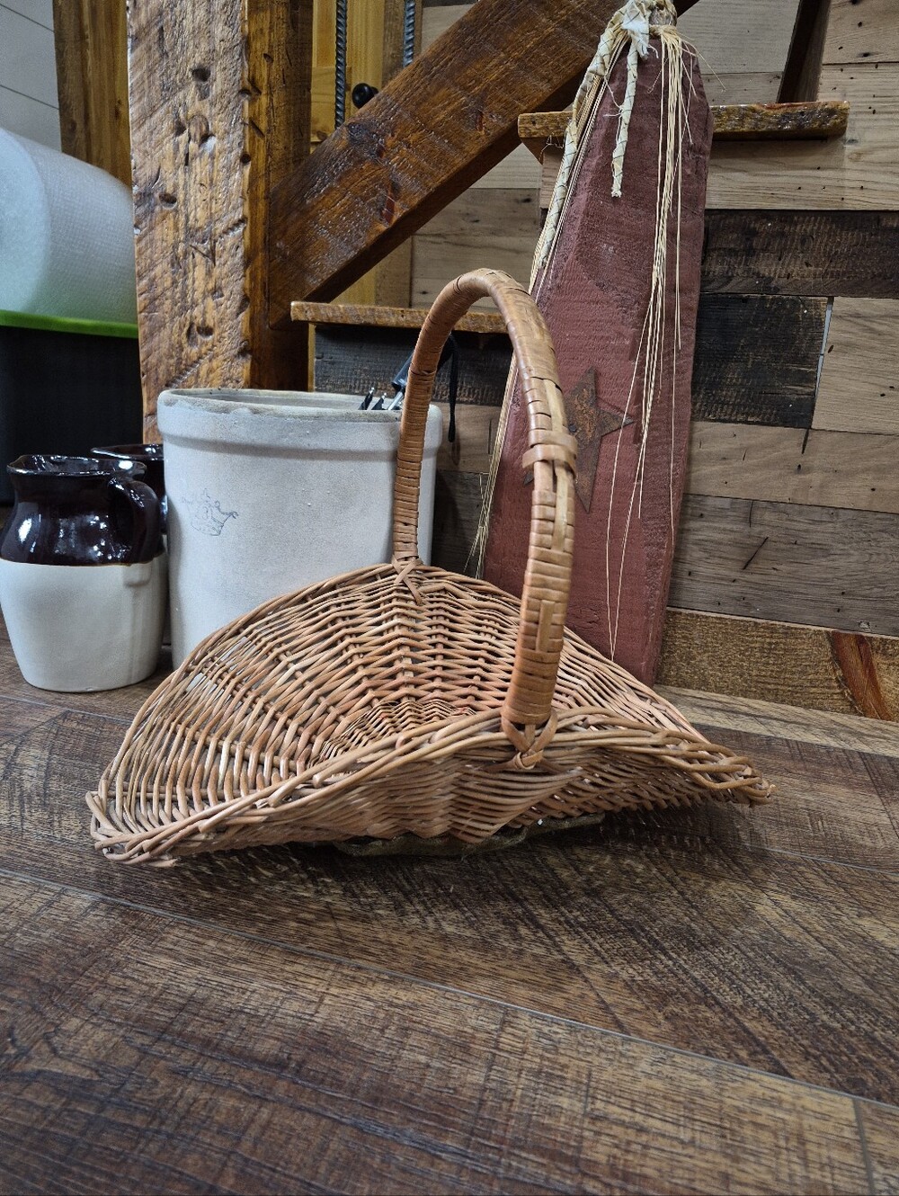 Large Mid Century French Style Flower Gathering Wicker Basket with Handle